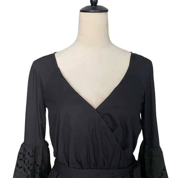 Rebecca Minkoff Melly Eyelet Bell Sleeve Wrap Top Black NWOT Boho Victorian XXS - Picture 2 of 11